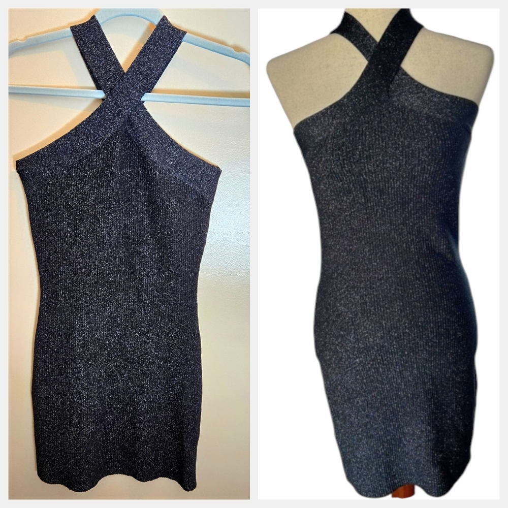 Bodycon Dress Black Metallic Sleeveless Crisscross Formal Size X-Small NEW